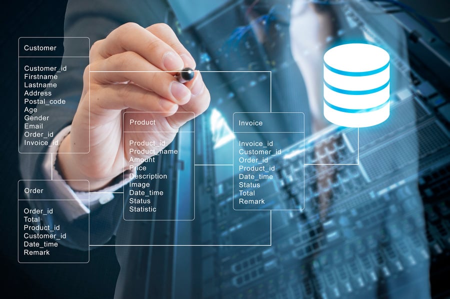 Double exposure of professional businessman system analysis design and drawing database table with futuristic background